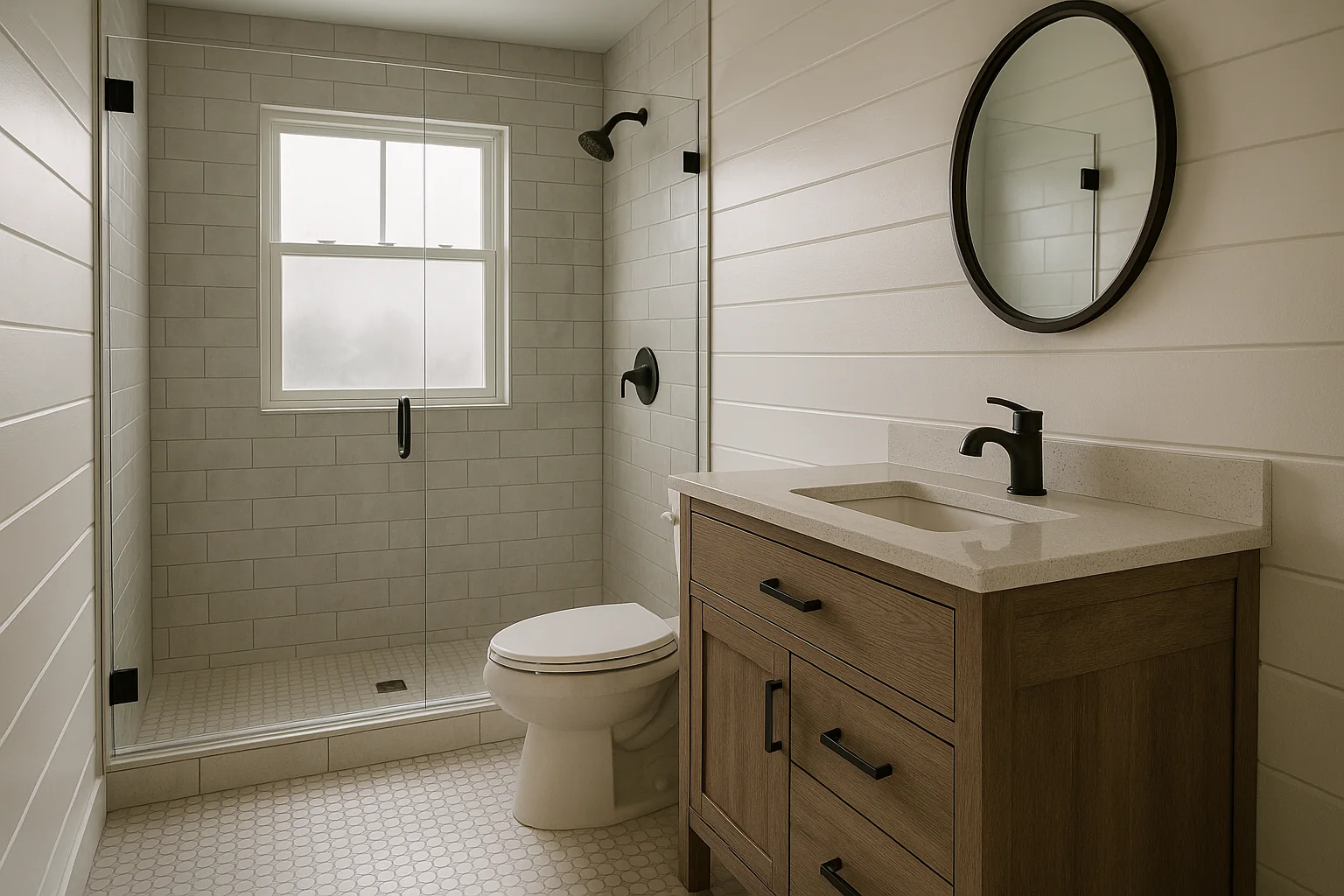 Remodeled coastal bathroom with walk-in shower in Newport