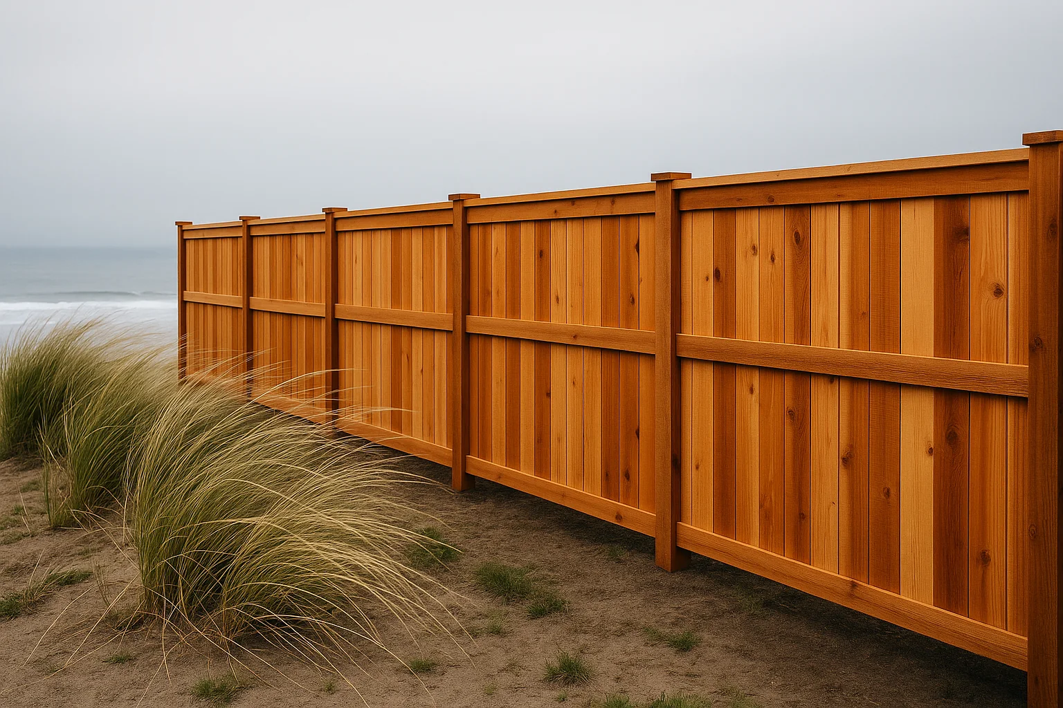 New cedar fence along a windswept Newport Oregon yard