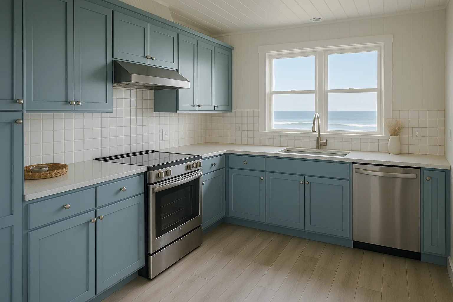 Refreshed beach house kitchen in Newport with painted cabinets