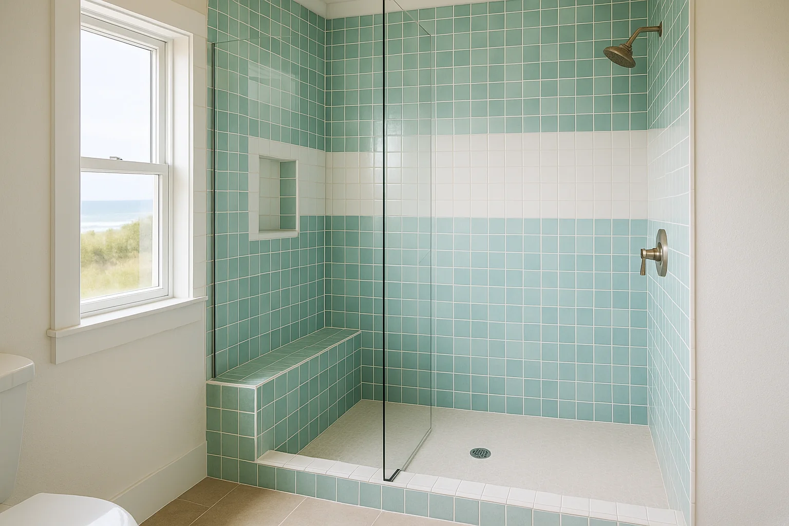 Newly tiled shower in a Newport coastal bathroom